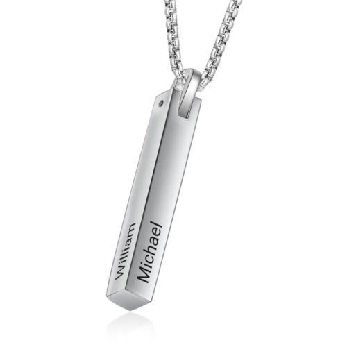 Custom engraved titanium steel vertical bar pendant necklace with polished silver finish and minimalist modern design.