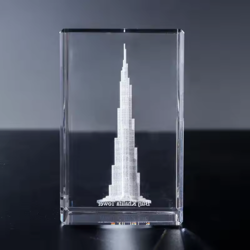 Rectangle crystal block with engraved Burj Khalifa design for laser engraving and personalized crystal gifts.