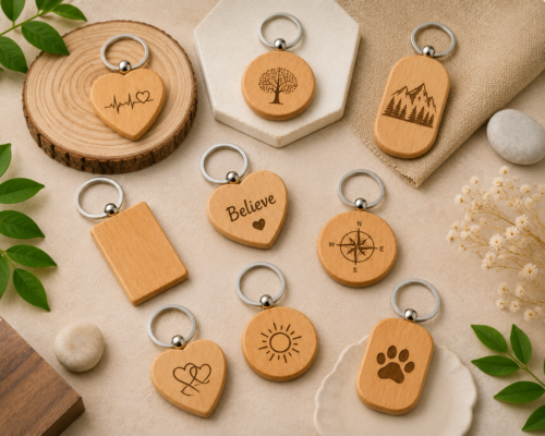 Collection of wooden keychains in heart, round, rectangle, and rounded rectangle shapes with engraved sample designs and metal rings on beige background.