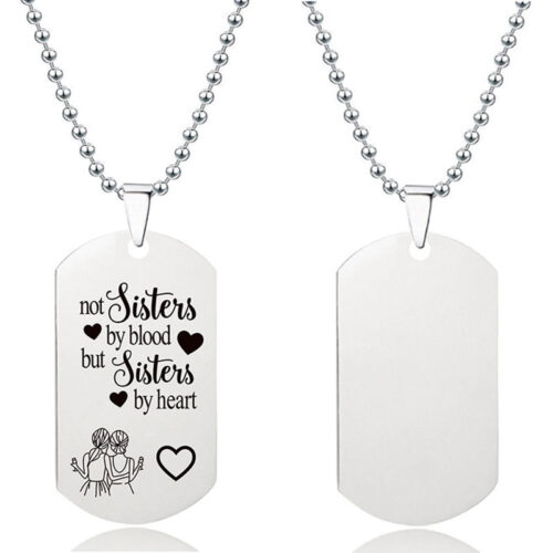 Custom engraved stainless steel dog tag pendant necklace with inspirational quote design and polished silver finish.