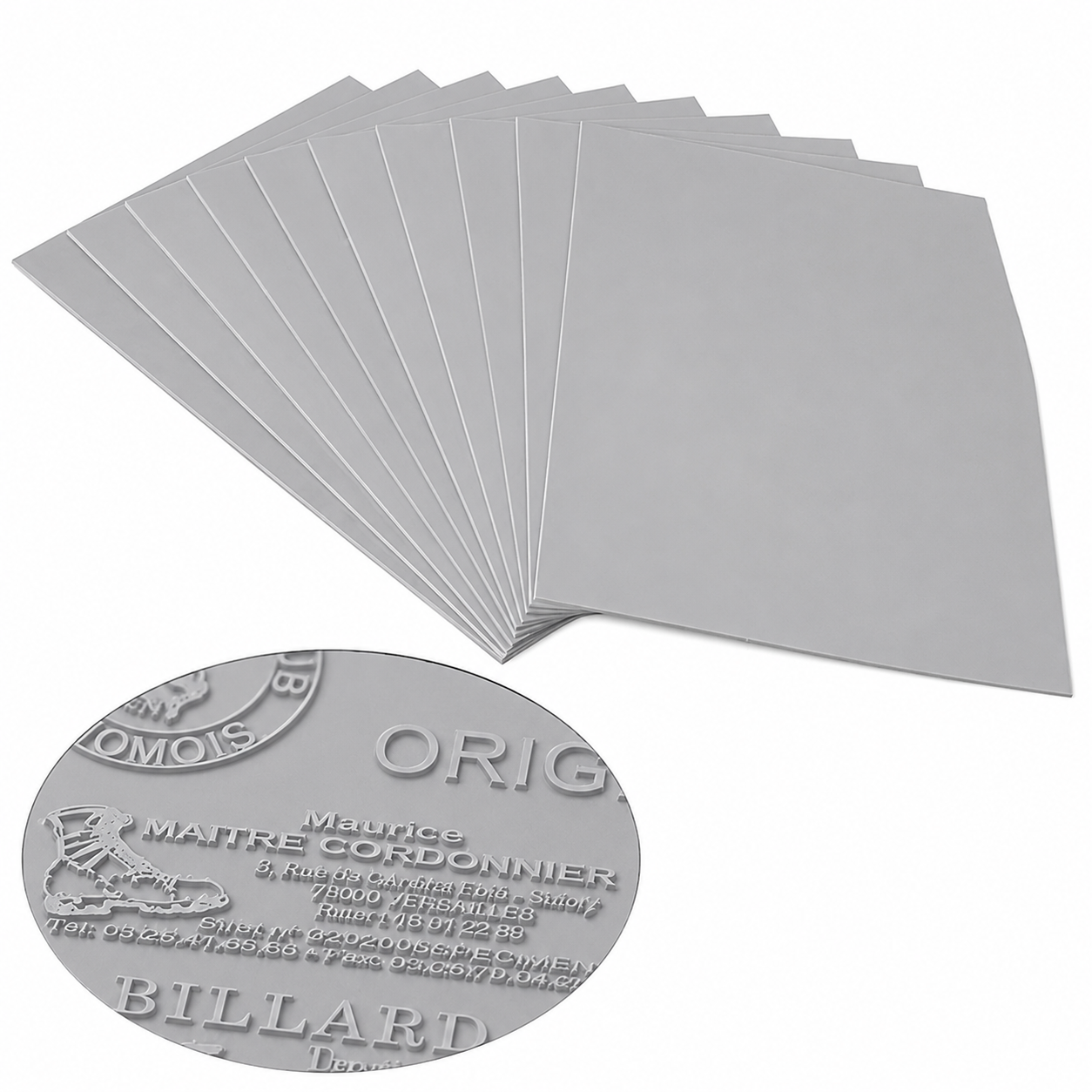 Laser engraving rubber stamp sheet showing detailed engraving quality and embossing results on gray laser rubber material.