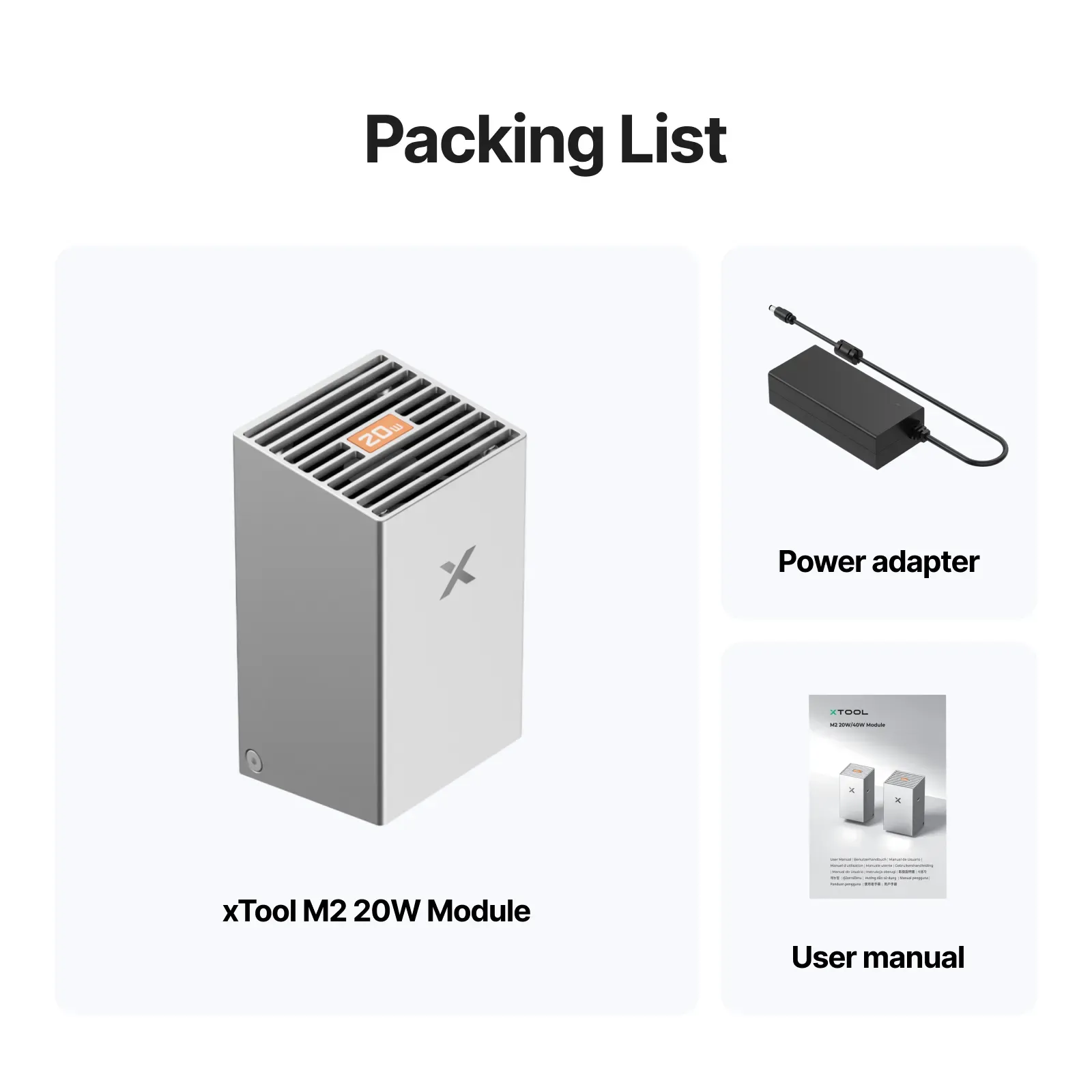 xTool M2 20W 455nm Diode Laser Module packing list and accessories