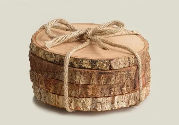 Natural bark wooden coaster slices for laser engraving, personalized gifts, resin art, rustic décor, and DIY craft projects.