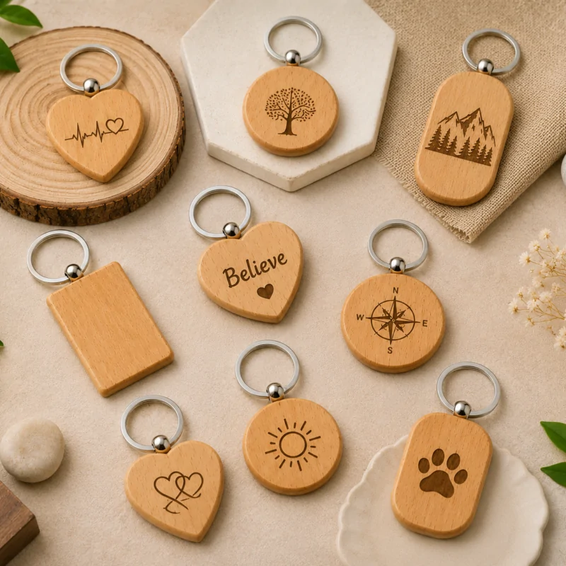 Collection of wooden keychains in heart, round, rectangle, and rounded rectangle shapes with engraved sample designs and metal rings on beige background.