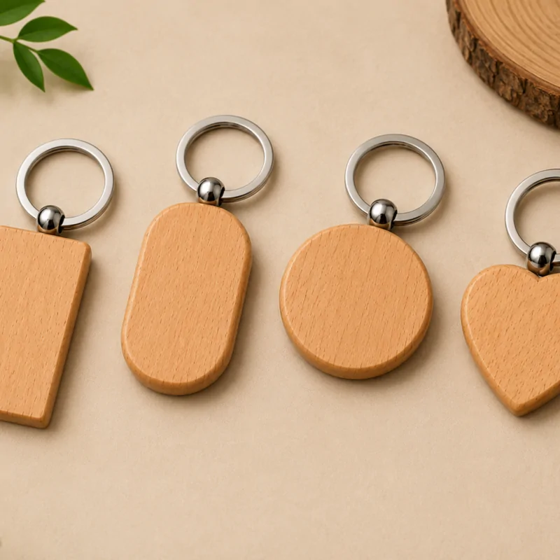Wooden keychain collection featuring rectangle, rounded rectangle, circle, and heart shapes with metal rings on beige background.