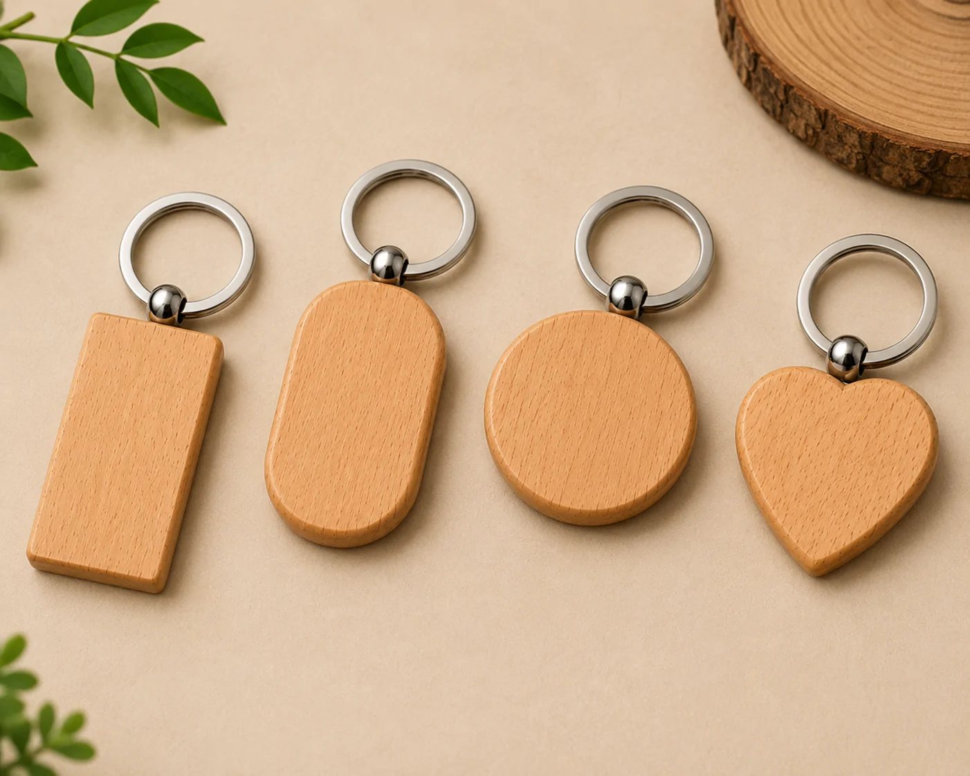 Wooden keychain collection featuring rectangle, rounded rectangle, circle, and heart shapes with metal rings on beige background.