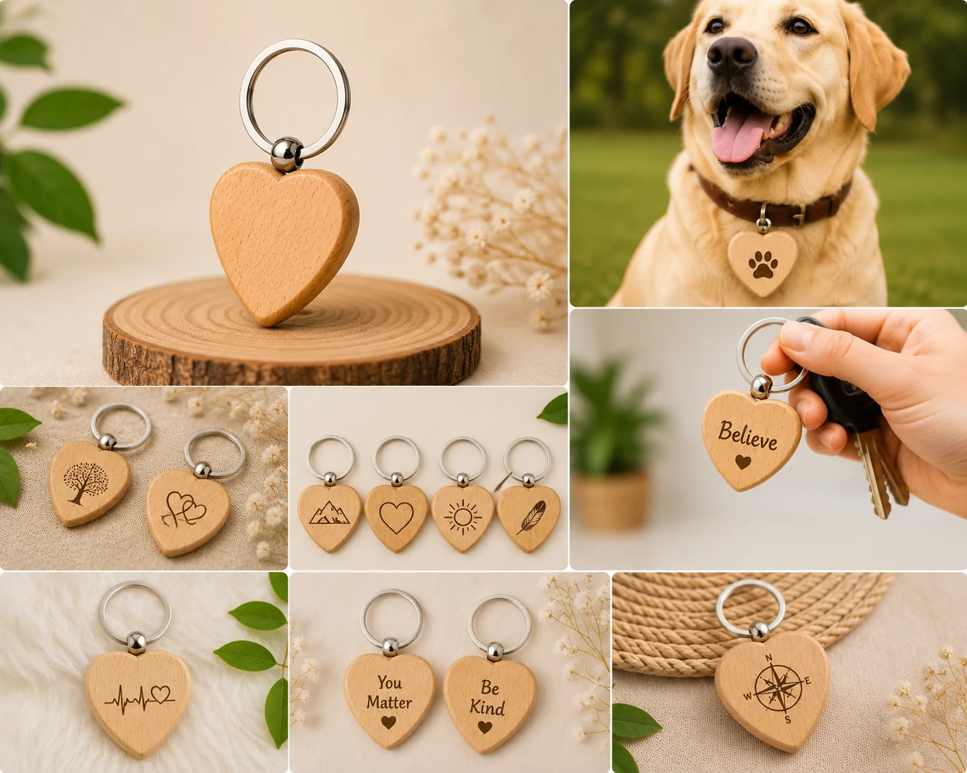 Heart shape wooden keychain with engraving example and natural wood finish for personalized gifts, laser engraving, and custom accessories.