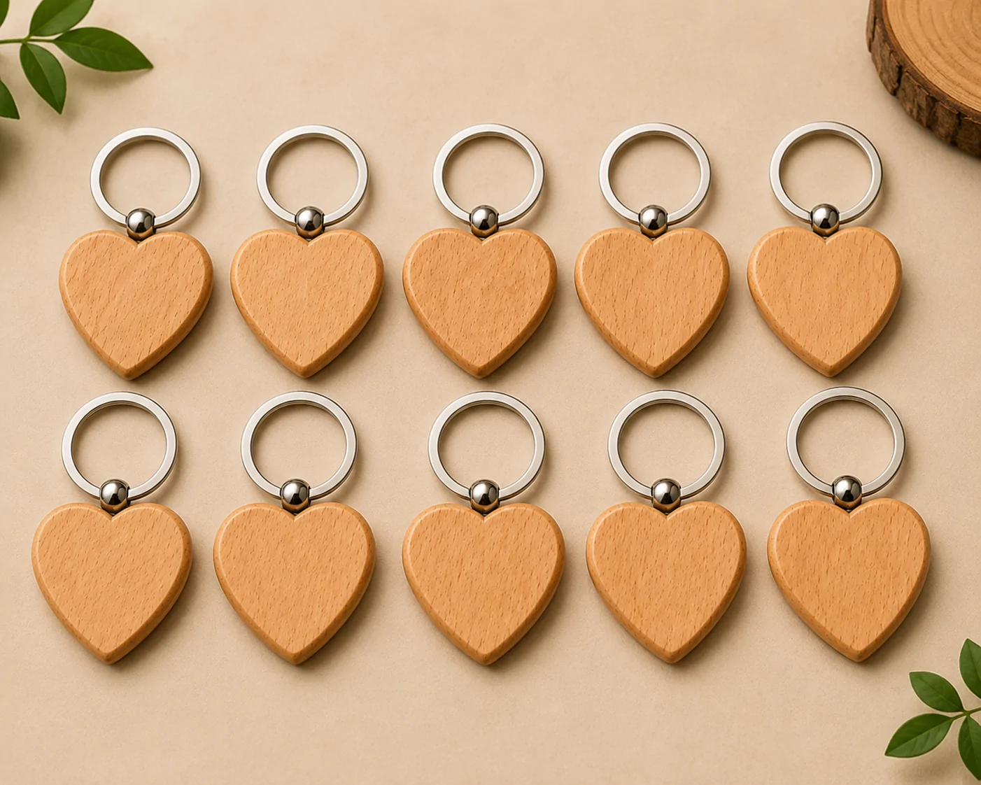 Collection of wooden keychains in rectangle, rounded rectangle, round, and heart shapes with metal rings on beige background for laser engraving and custom gifts.