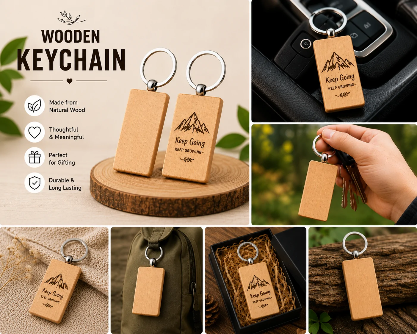 Rectangle wooden keychain engraving example with natural wood finish and metal ring for laser engraving and personalized gifts.