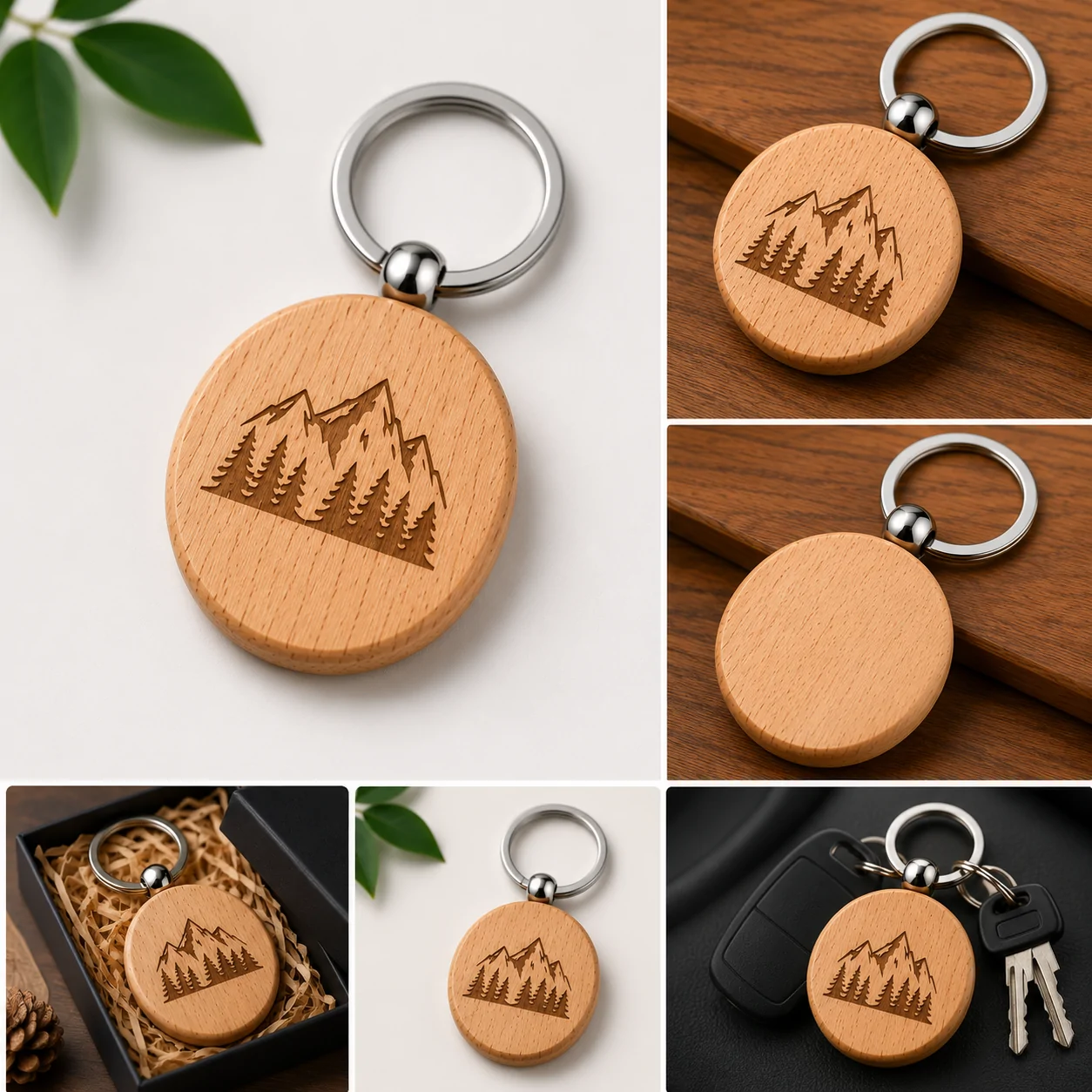 Round wooden keychain with laser engraving example and blank natural wood design for personalized gifts and laser engraving projects.