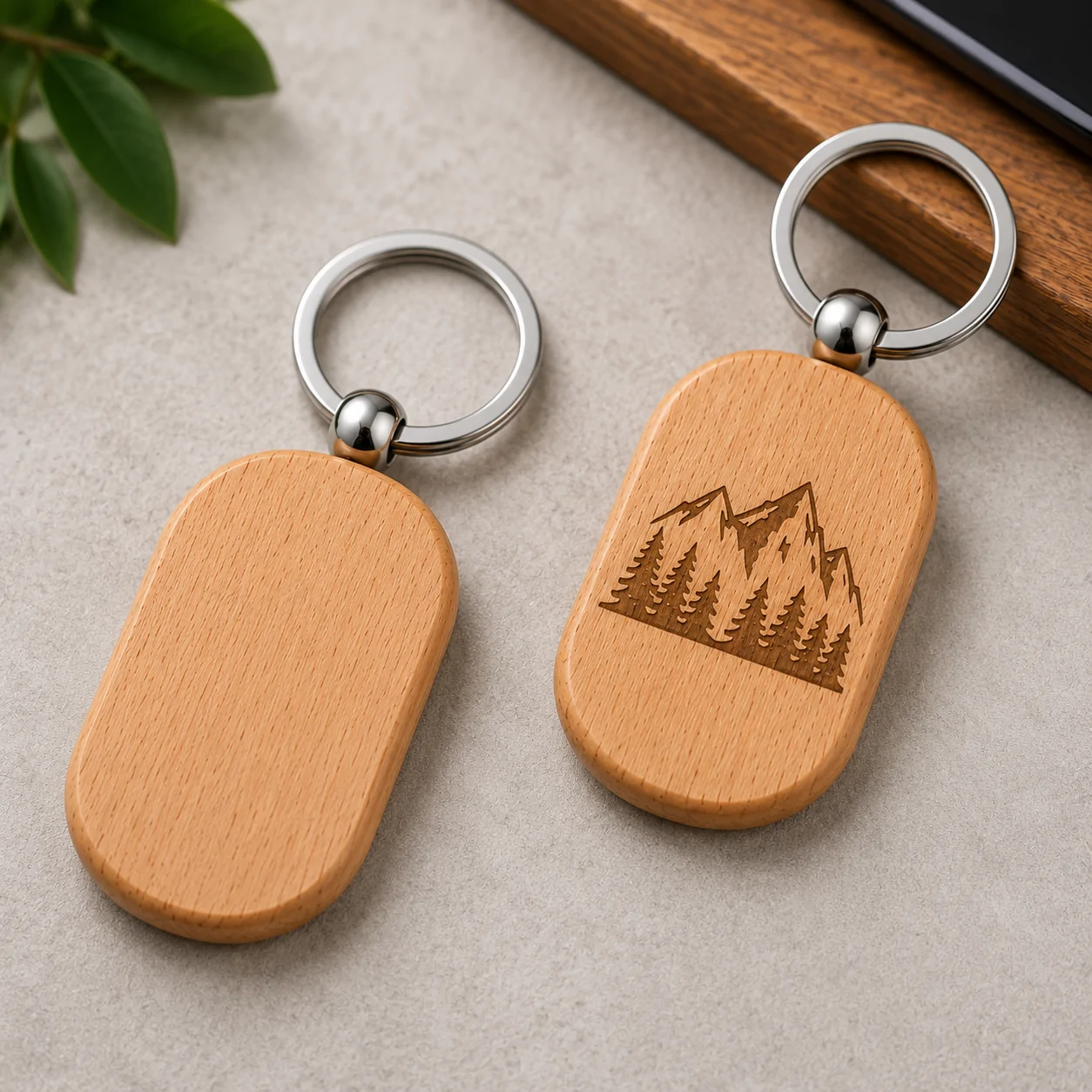 Rounded rectangle wooden keychain with engraving example and blank design on beige background for laser engraving and personalized gifts.