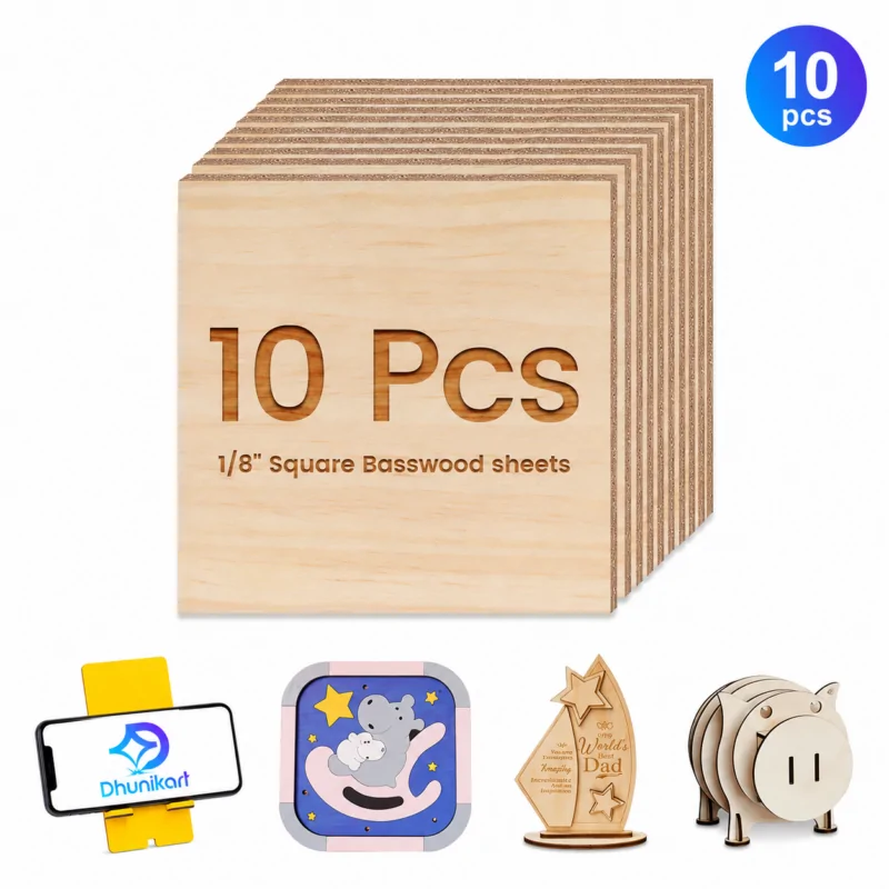 Basswood sheet pack for laser engraving and DIY craft projects with sample wooden creations and smooth natural wood surface.