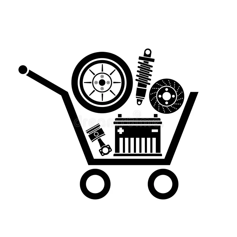 Shopping cart icon containing laser machine parts, gears, and accessories representing laser engraving equipment, spare parts, and machine supplies.