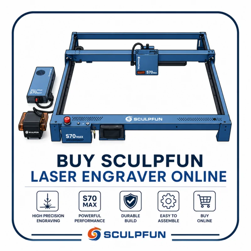 Sculpfun laser engraver icon featuring an open-frame diode laser engraving machine, laser module, controller, and power unit for precision engraving and cutting applications.