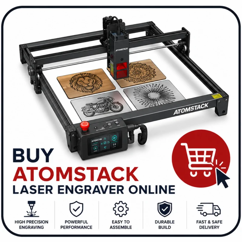 Atomstack laser engraver icon featuring an open-frame laser engraving machine, precision laser module, control panel, and online shopping symbol for purchasing laser engravers online.
