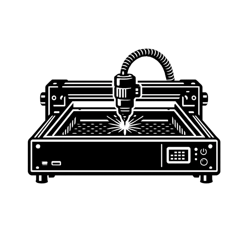 Laser engraving machine icon showing a desktop laser cutter and engraver with laser head, work area, and control panel for cutting and engraving applications.