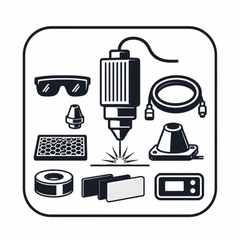 Laser accessories icon featuring laser module, safety glasses, air assist nozzle, honeycomb panel, cables, control panel, and engraving accessories for laser cutting and engraving machines.