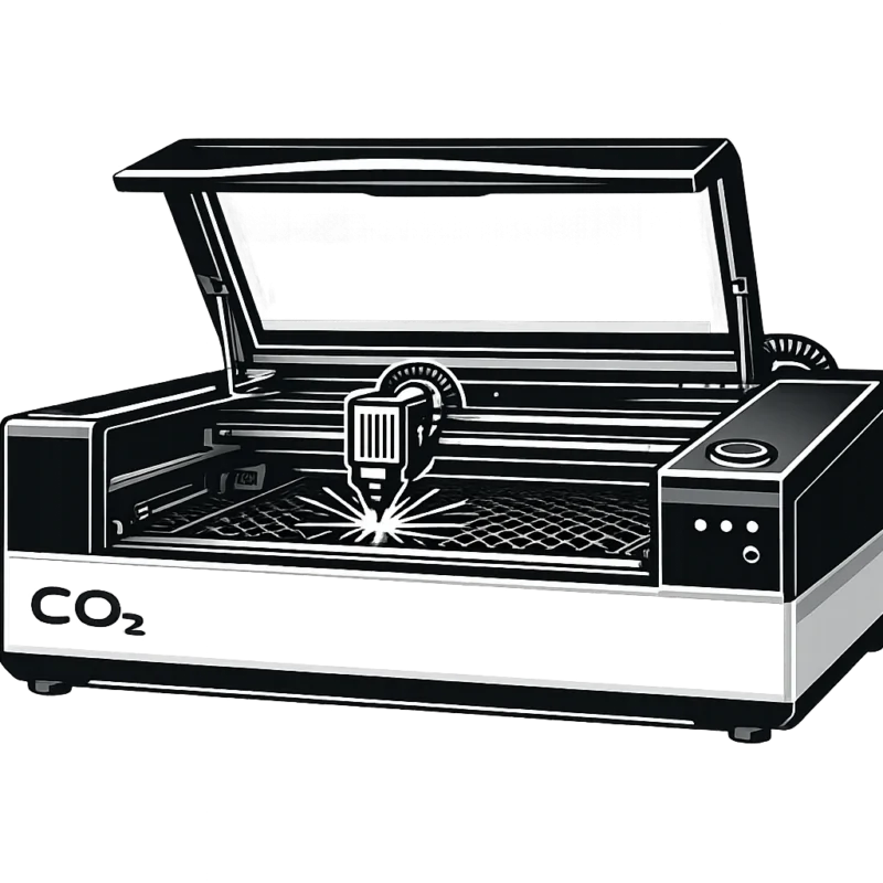 CO₂ laser engraving and cutting machine icon with open lid, laser head, honeycomb work area, and control panel, representing professional laser engraving equipment.