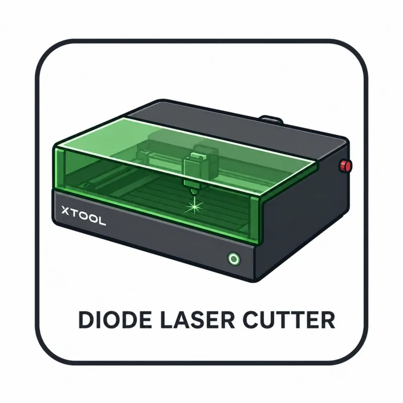 Diode laser cutter icon featuring an enclosed laser engraving machine with protective green cover, precision laser head, and cutting workspace for engraving and cutting applications.