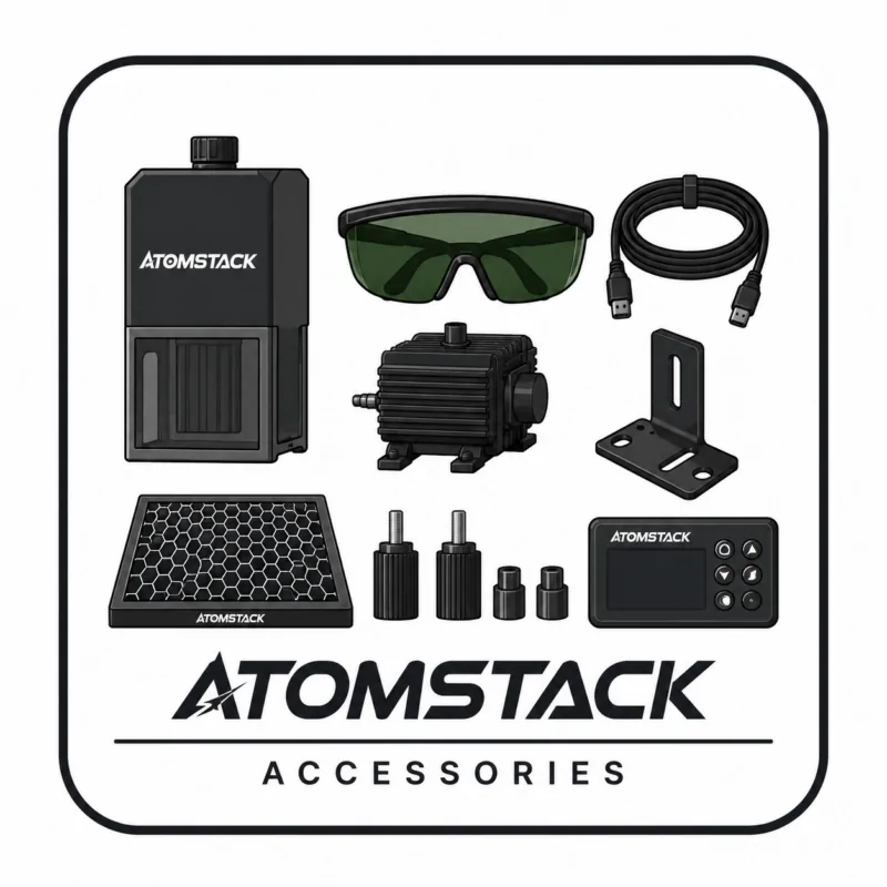 Atomstack laser accessories icon featuring laser module, safety glasses, air pump, honeycomb panel, controller, cables, mounting brackets, and upgrade components for laser engraving machines.