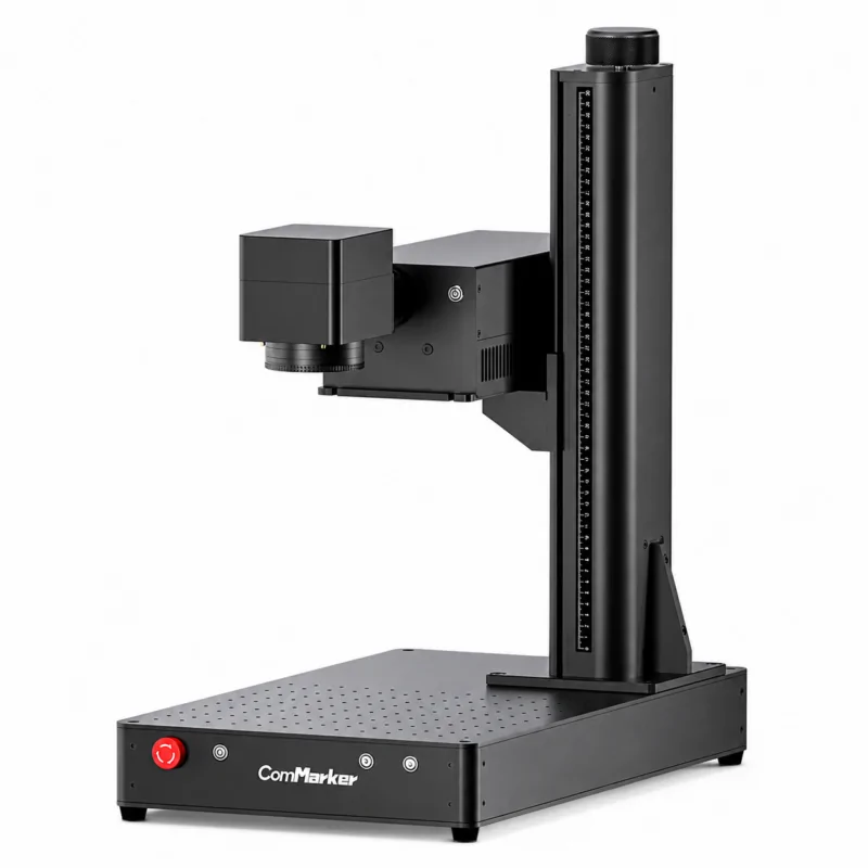 ComMarker Omni 1 UV Laser Engraver with compact desktop design, high-precision engraving head, adjustable column, and stable metal base for professional UV laser marking applications.