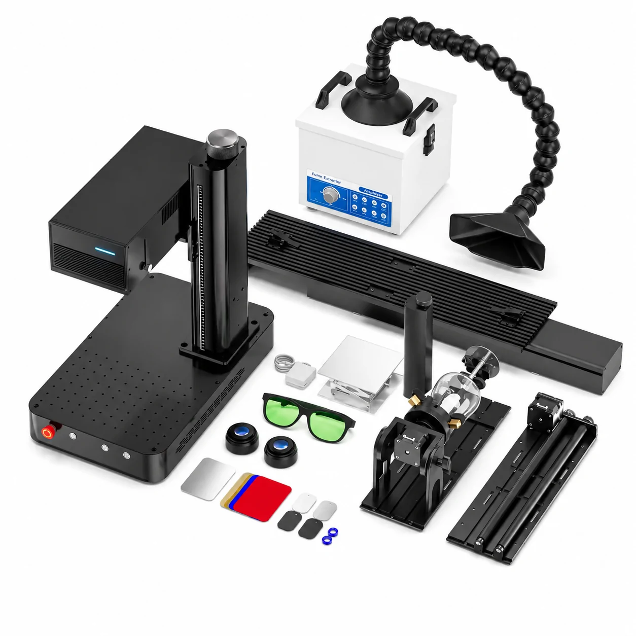 ComMarker Omni XE UV Laser Engraver Ultimate Bundle with Slide Extension, Rotary Attachment, Fume Extractor, and Accessories.